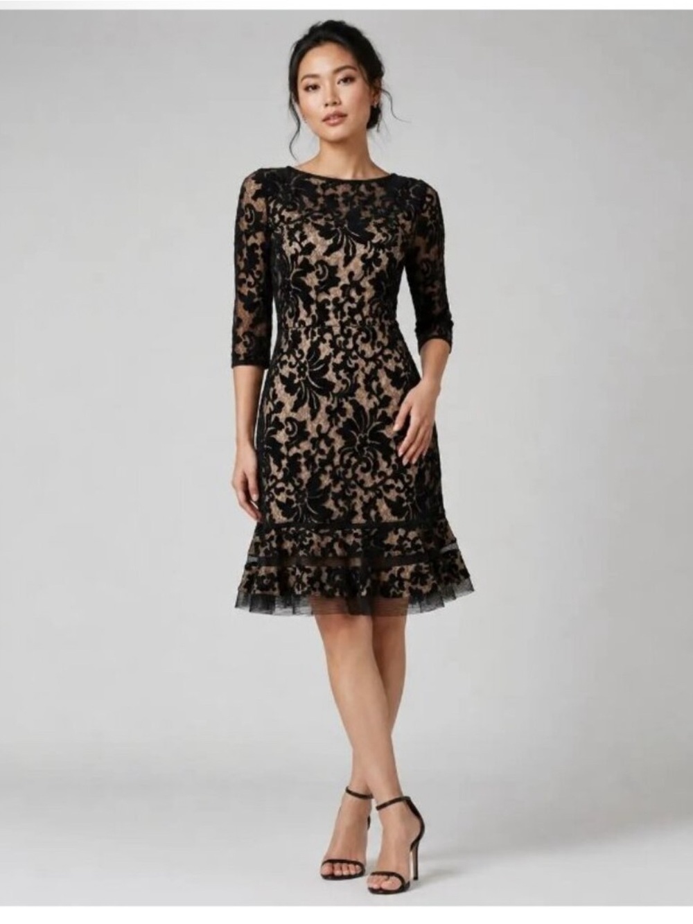 Tadashi Shoji Black Floral Lace Cocktail Dress Fit Flare 3/4 Sleeve Size 12